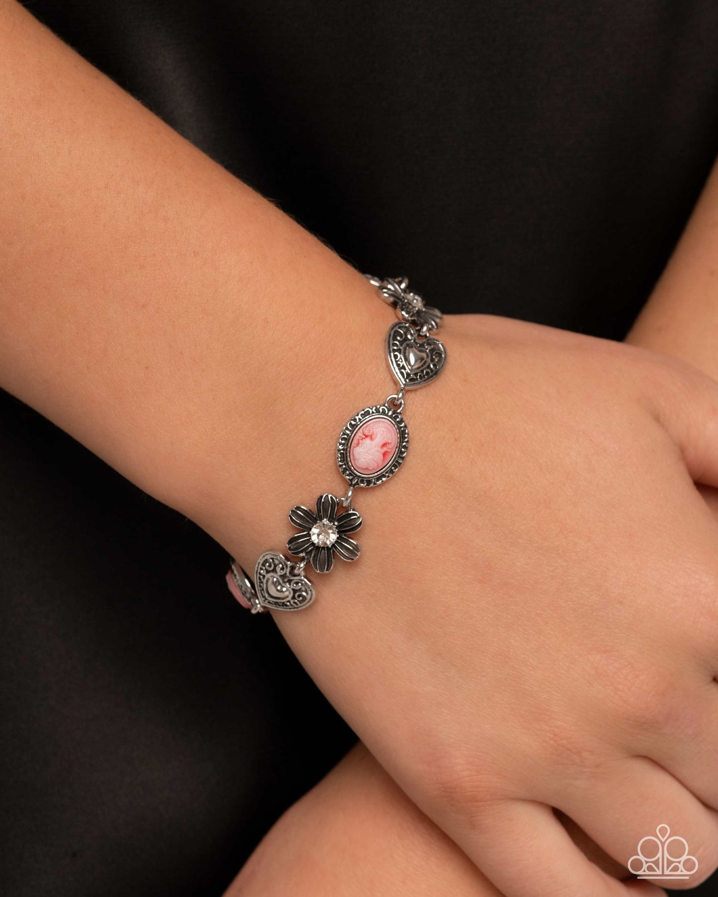 Complete Look Necklace: Vintage Story - Red Cameo Style & Bracelet: Ageless Account Red Silver Flower Paparazzi N3592