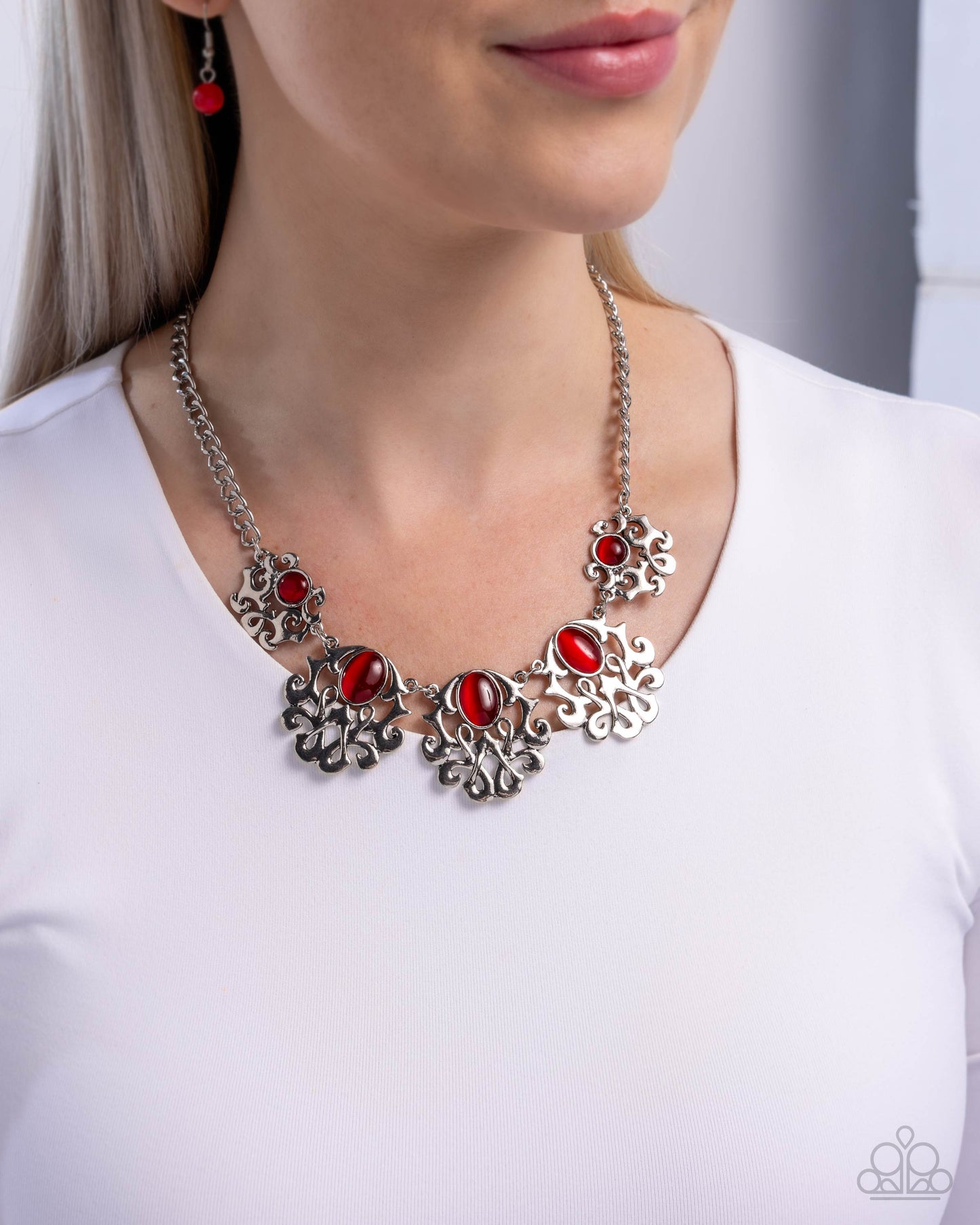 Midsummer Masterpiece - Red Cat's Eye Stone Silver Filigree Necklace Paparazzi N3292