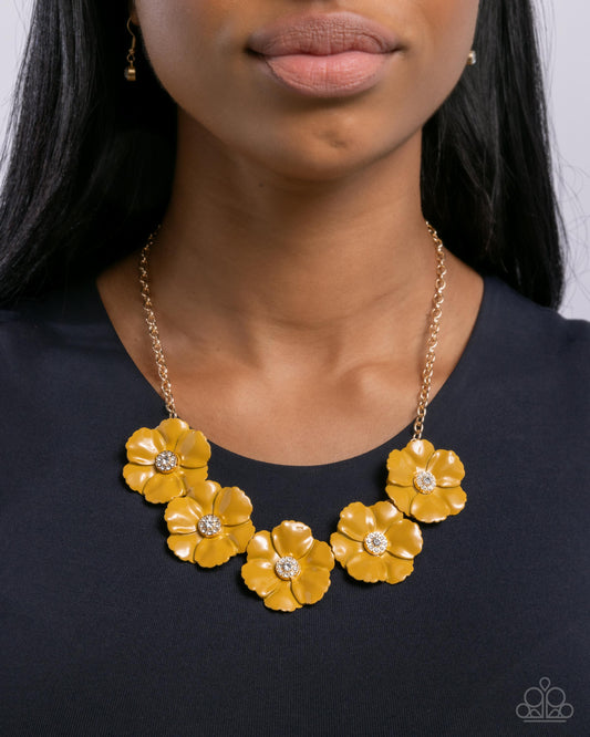 Floral Favor - Yellow Golden Palm Metal Painted Flower Necklace Paparazzi