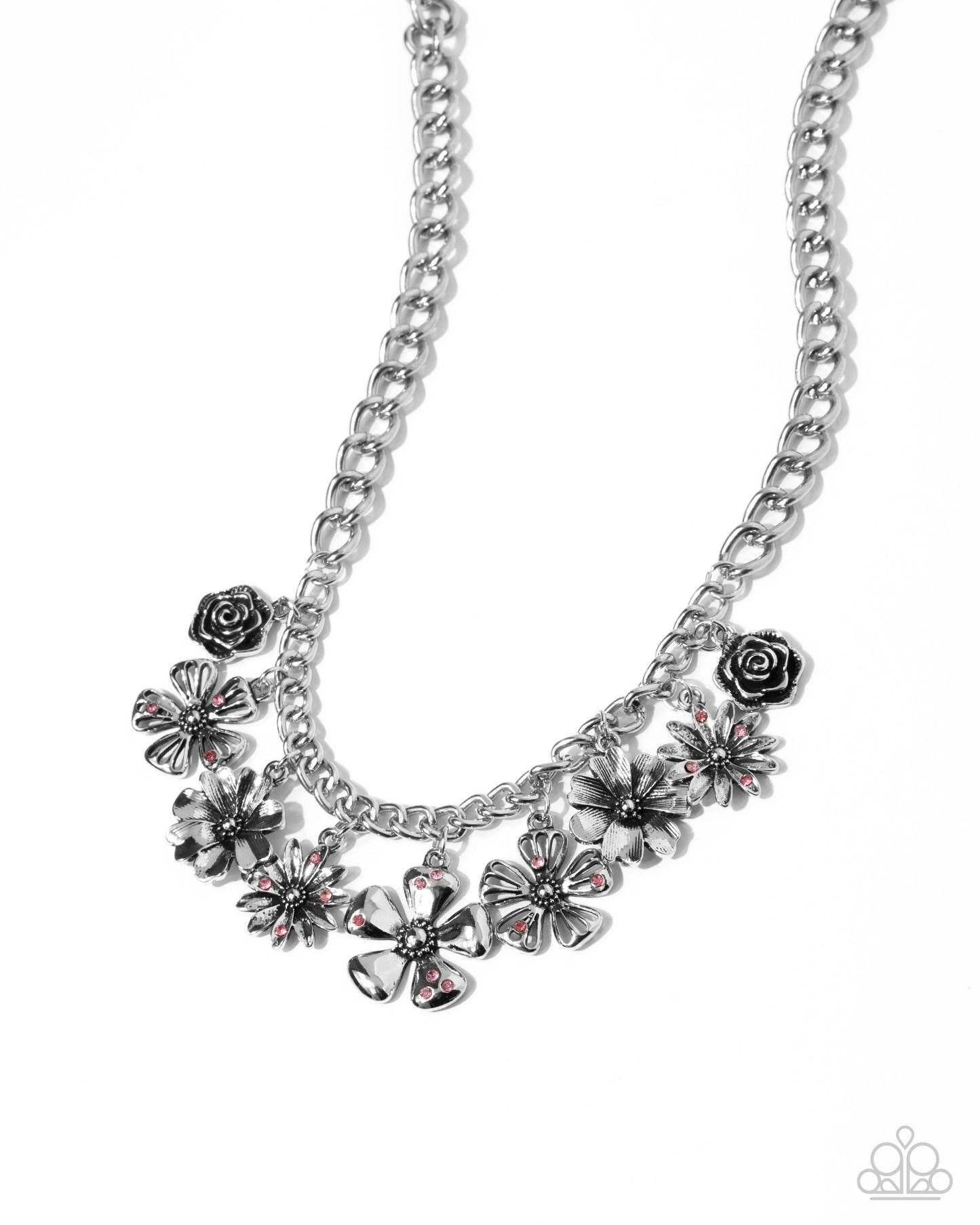 Loyal Layers - Pink Rhinestone Silver Flower Charm Style Necklace Paparazzi N3263