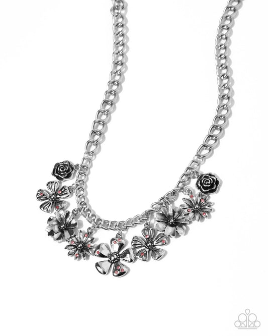 Loyal Layers - Pink Rhinestone Silver Flower Charm Style Necklace Paparazzi N3263