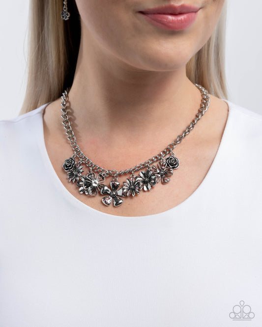 Loyal Layers - Pink Rhinestone Silver Flower Charm Style Necklace Paparazzi N3263