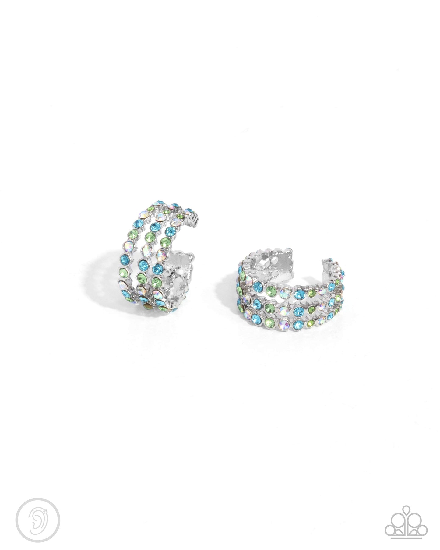 Complete Look Incandescent Aquamarine, Iridescent & Green Rhinestone Cuff & 3/4 Inch Hoop Earring Paparazzi