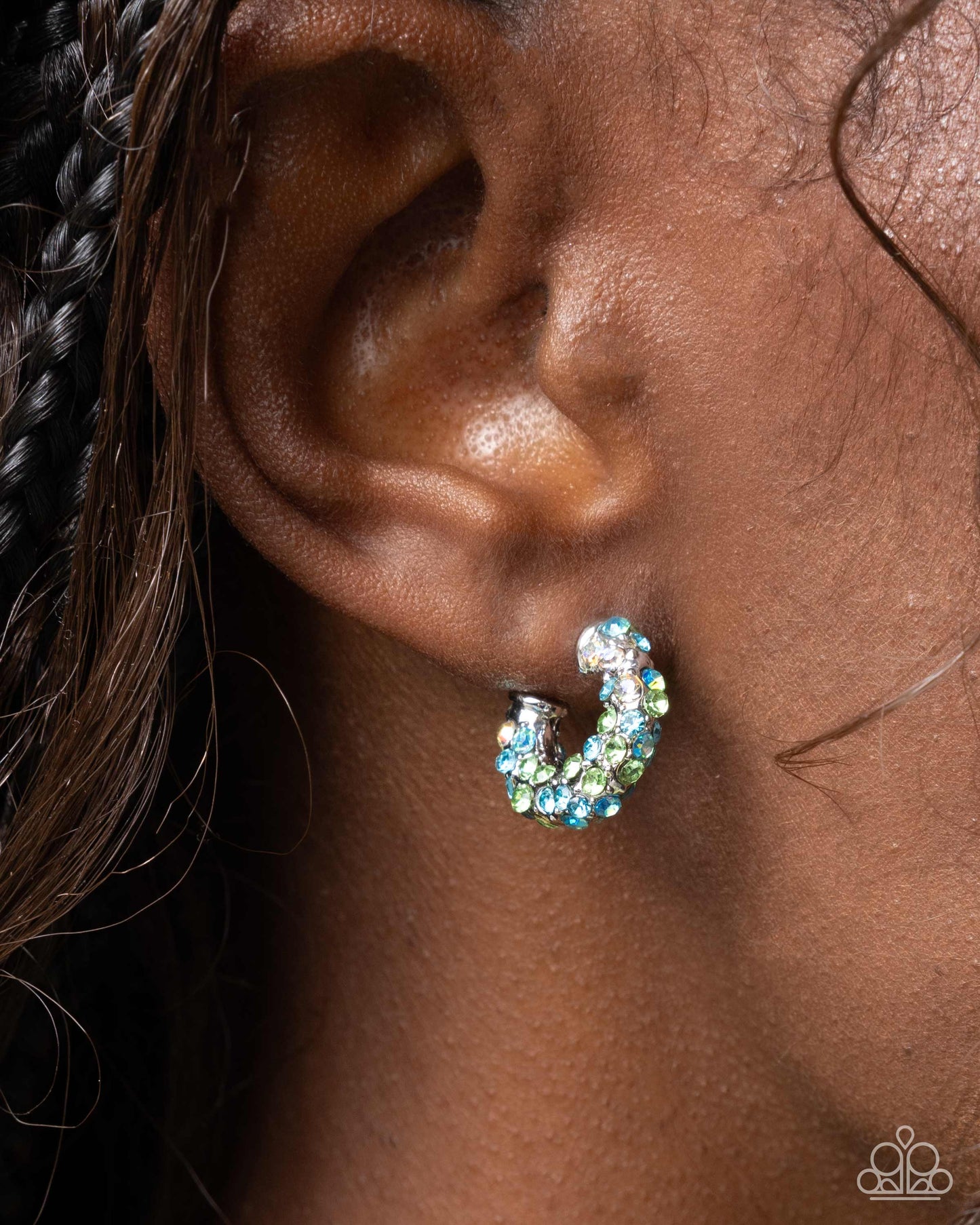 Complete Look Incandescent Aquamarine, Iridescent & Green Rhinestone Cuff & 3/4 Inch Hoop Earring Paparazzi