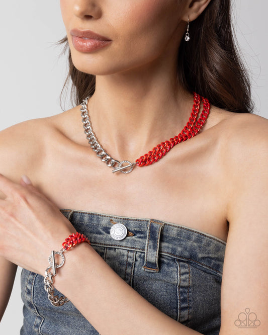 Complete Look Iridescent Icon Red Chain Necklace & Tourist Twists Red Chain Bracelet Paparazzi