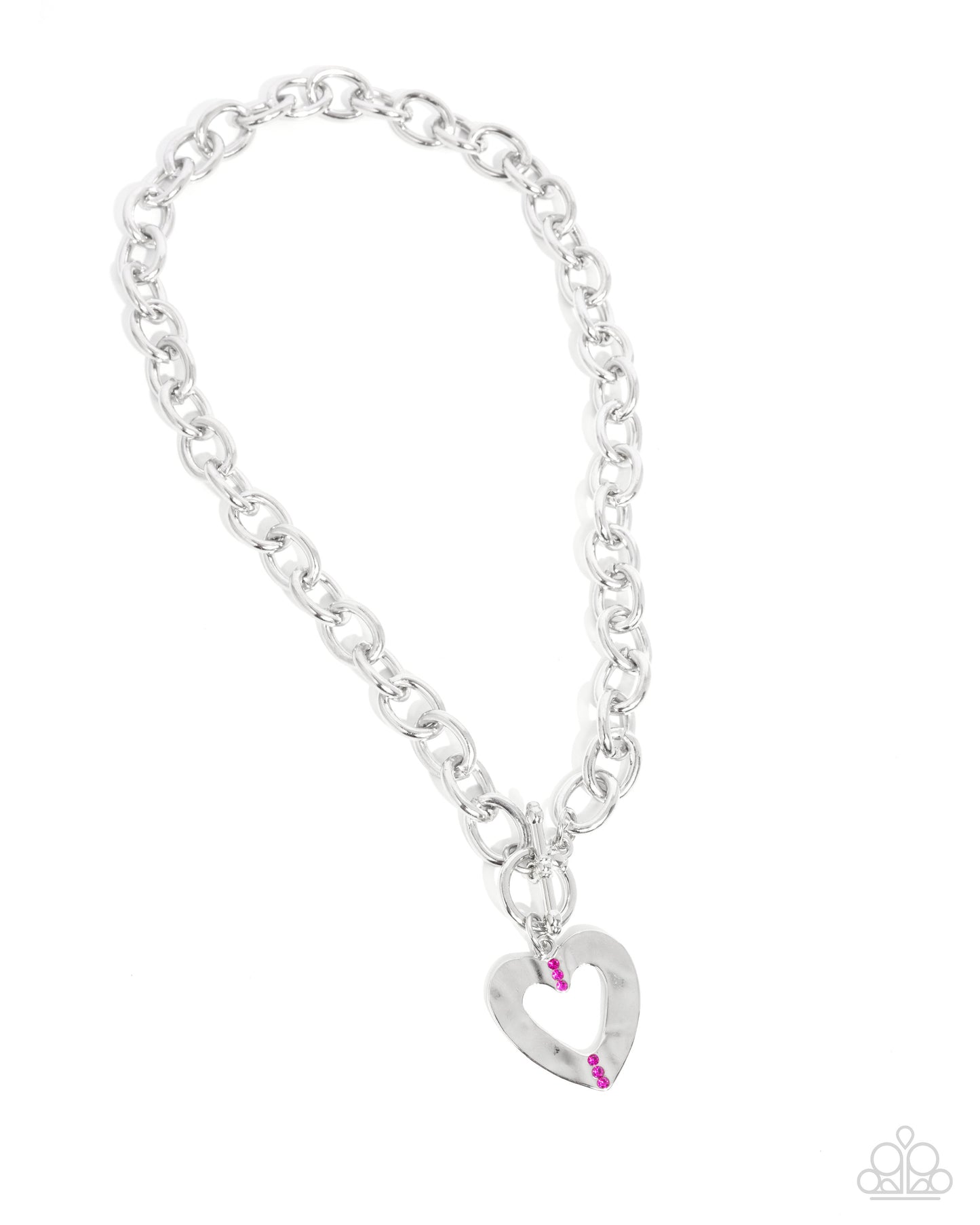 Complete Look Hammered Silver Heart Fuchsia Rhinestone Necklace & Bracelet Set Paparazzi