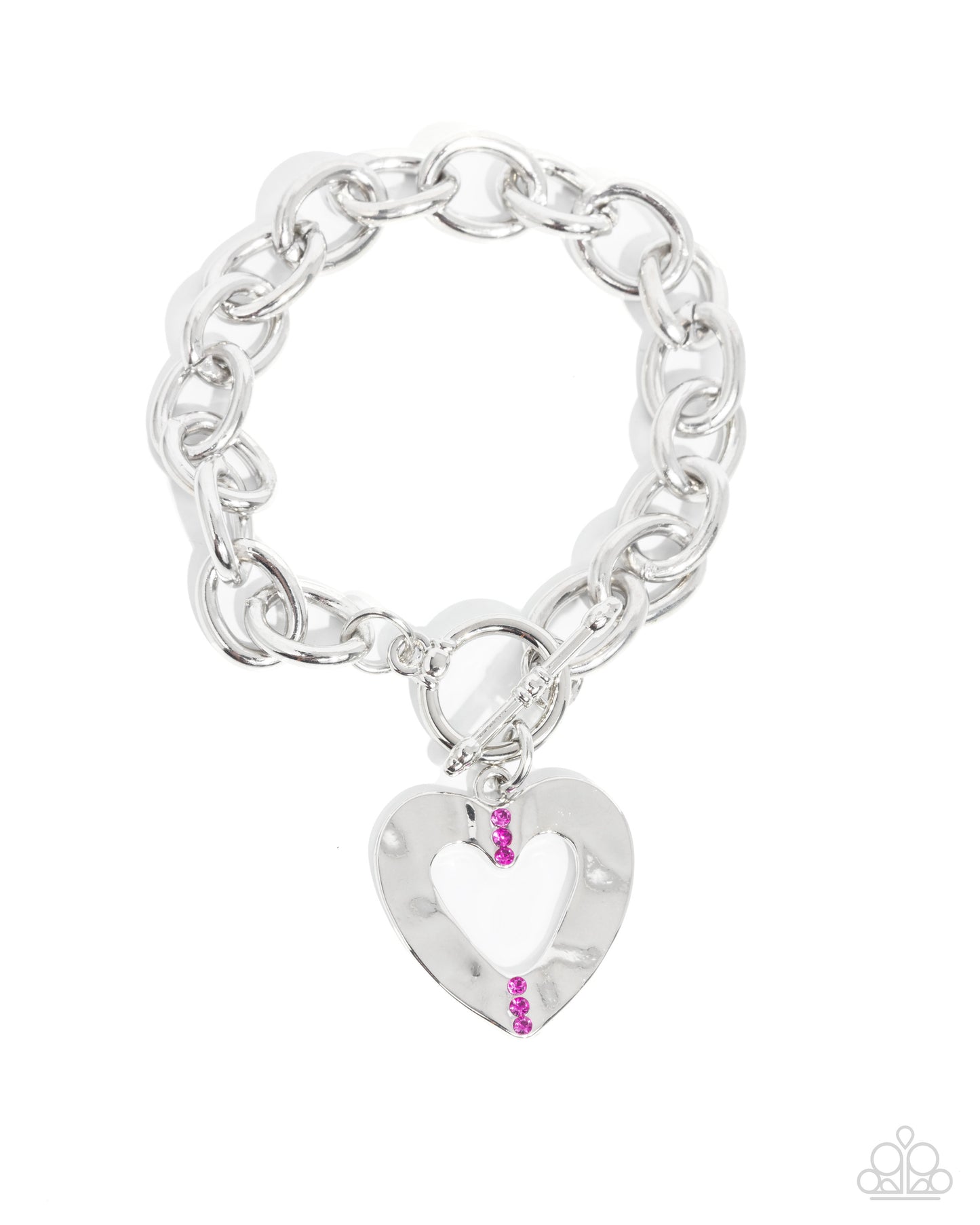 Complete Look Hammered Silver Heart Fuchsia Rhinestone Necklace & Bracelet Set Paparazzi