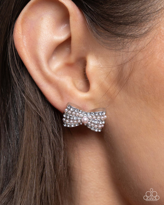 Adorable Aria Pink Pearl & White Rhinestone Bow Post Earring Paparazzi E2317