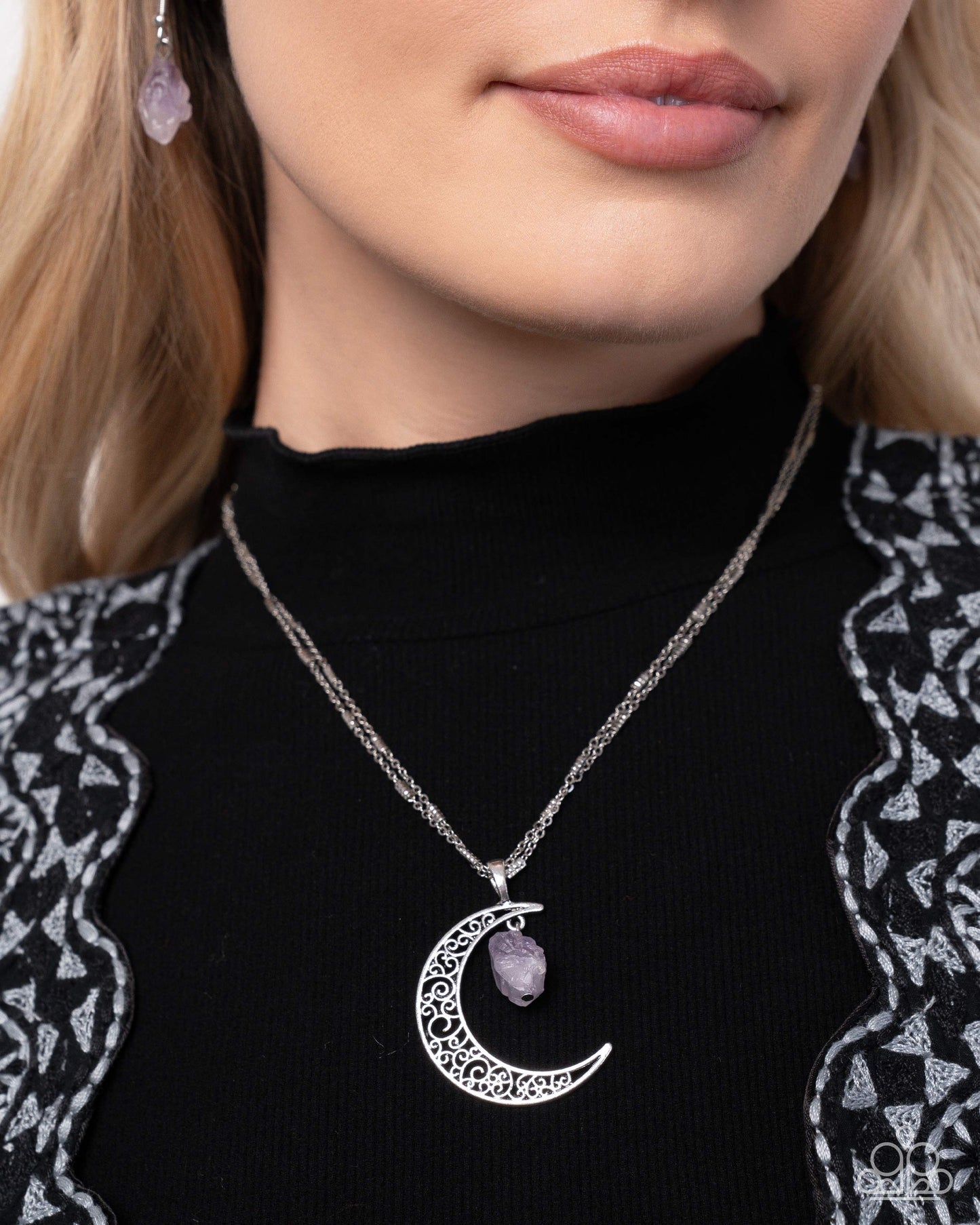 Complete Look Crescent Charm Purple Amethyst Stone Silver Crescent Moon Necklace & Planetary Perfection Purple Amethyst Stone Crecent Moon Ring Paparazzi