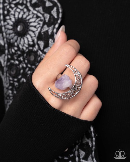 Planetary Perfection Purple Amethyst Stone & Silver Crecent Moon Ring Paparazzi