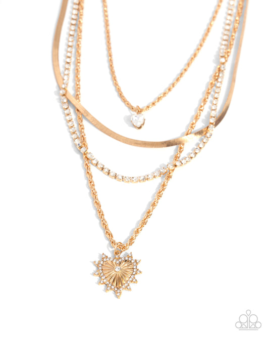 Excessive Embellishment - Gold Rope, Herringbone Chain Layered White Rhinestone Heart Necklace Paparazzi N2754