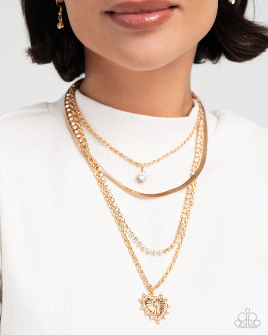 Excessive Embellishment - Gold Rope, Herringbone Chain Layered White Rhinestone Heart Necklace Paparazzi N2754