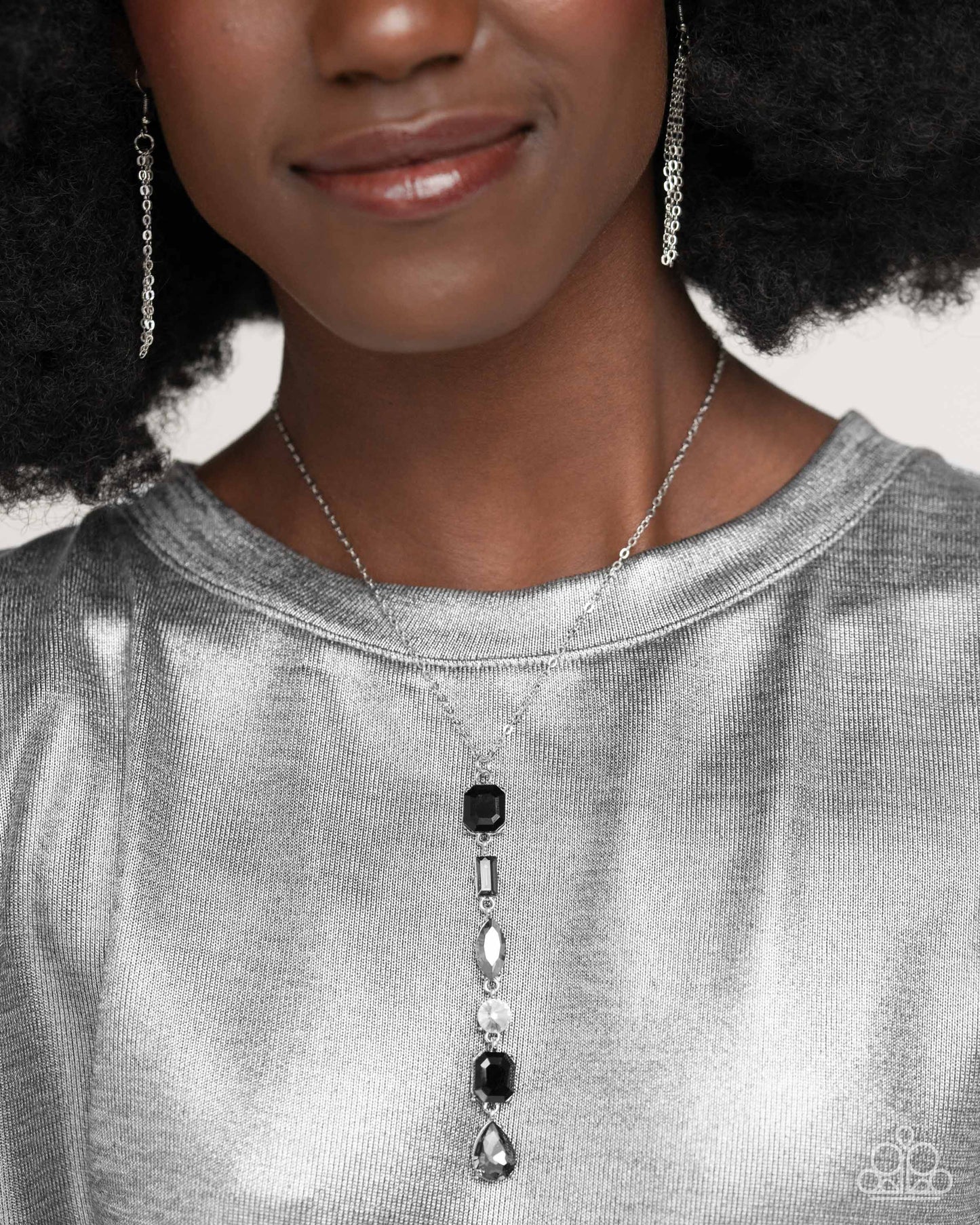 Complete Look Gallery Gala Black, Smoky, White, Gray Gem Necklace & Cascading Class Black, Smoky, White, Gray Gem Earring Paparazzi