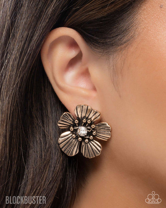 Blossoming Backdrop - Gold White Gem Flower Clip-On Earring Paparazzi E2910