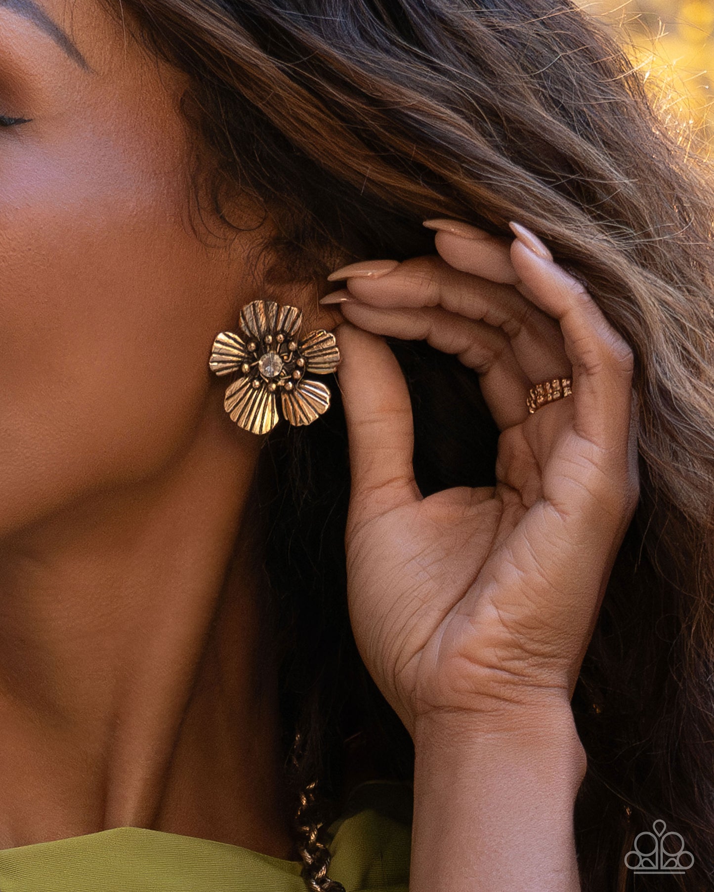 Blossoming Backdrop - Gold White Gem Flower Clip-On Earring Paparazzi E2910
