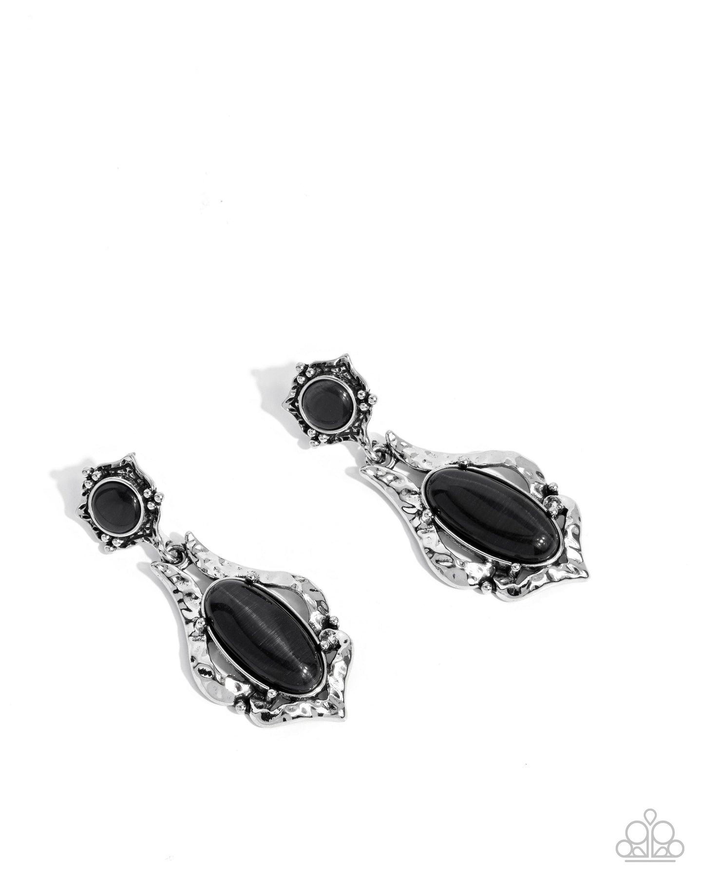 High-End Reservation - Black Cat's Eye Stone Hammered Silver Post Earring Santa Fe Style Paparazzi E2696