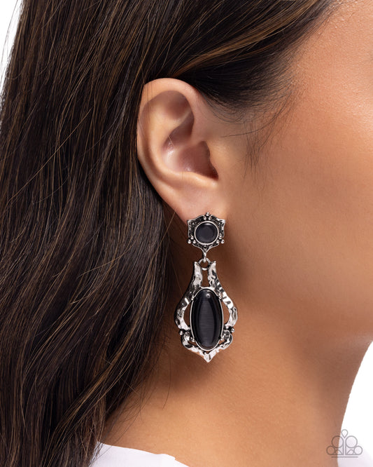 High-End Reservation - Black Cat's Eye Stone Hammered Silver Post Earring Santa Fe Style Paparazzi E2696