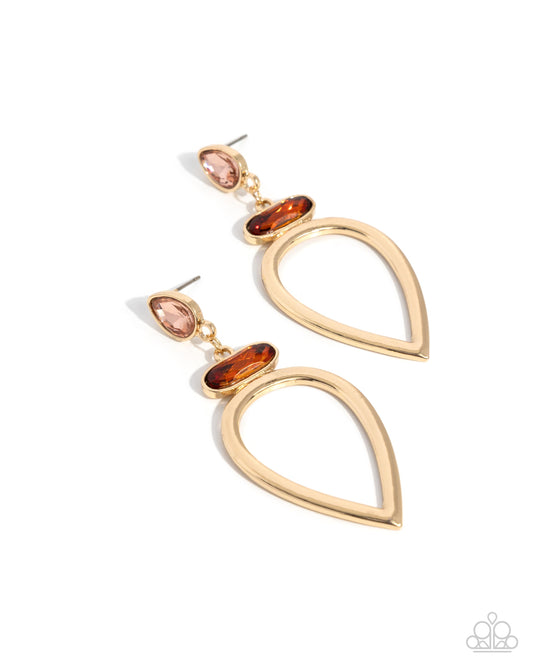 Cultured Chic - Brown Topaz & Light Peach Gem Gold Teardrop Post Earring Paparazzi E2868