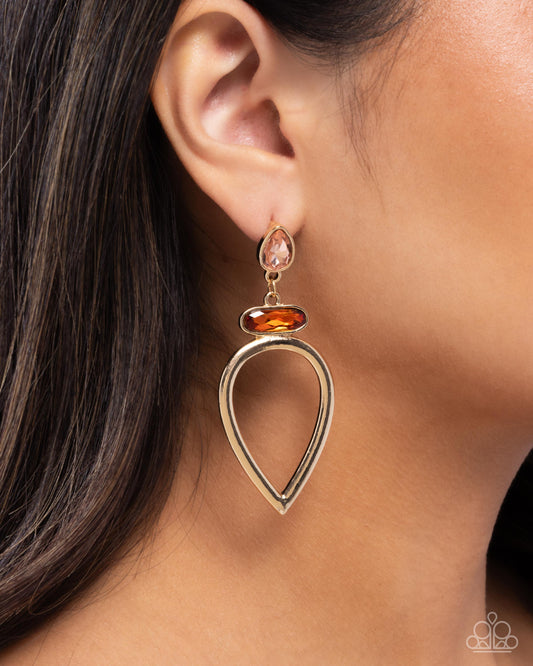 Cultured Chic - Brown Topaz & Light Peach Gem Gold Teardrop Post Earring Paparazzi E2868