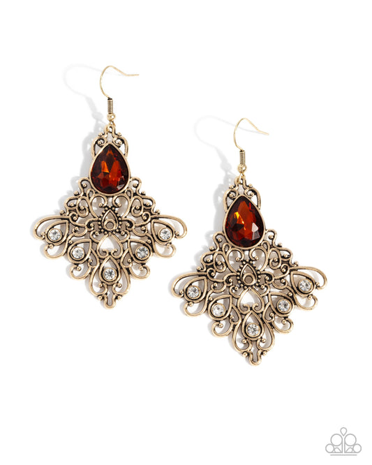 Lattice Legacy - Brown Topaz Rhinestone Gold Filigree Earring Paparazzi E2682