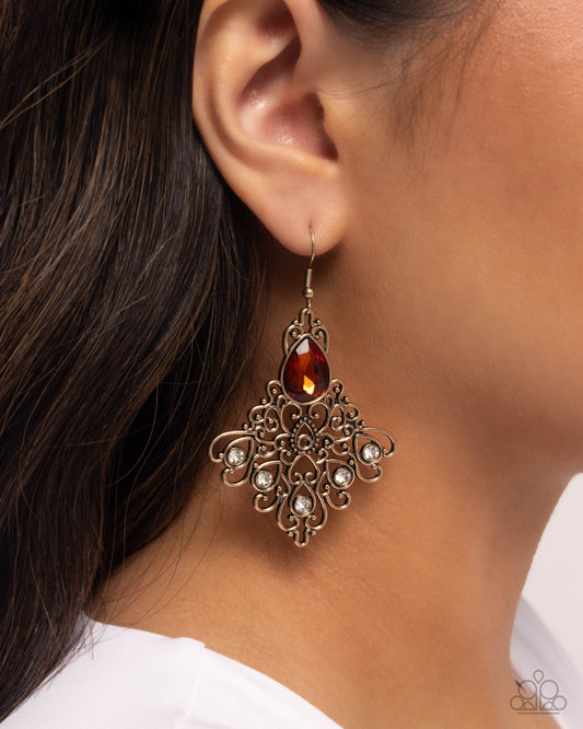 Lattice Legacy - Brown Topaz Rhinestone Gold Filigree Earring Paparazzi E2682