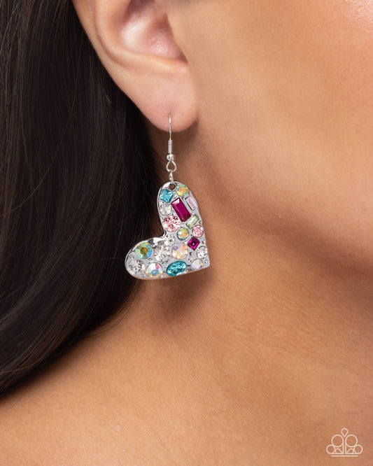 Tender Treasure - Multicolored & Iridescent Gem Silver Heart Earring Paparazzi E2617
