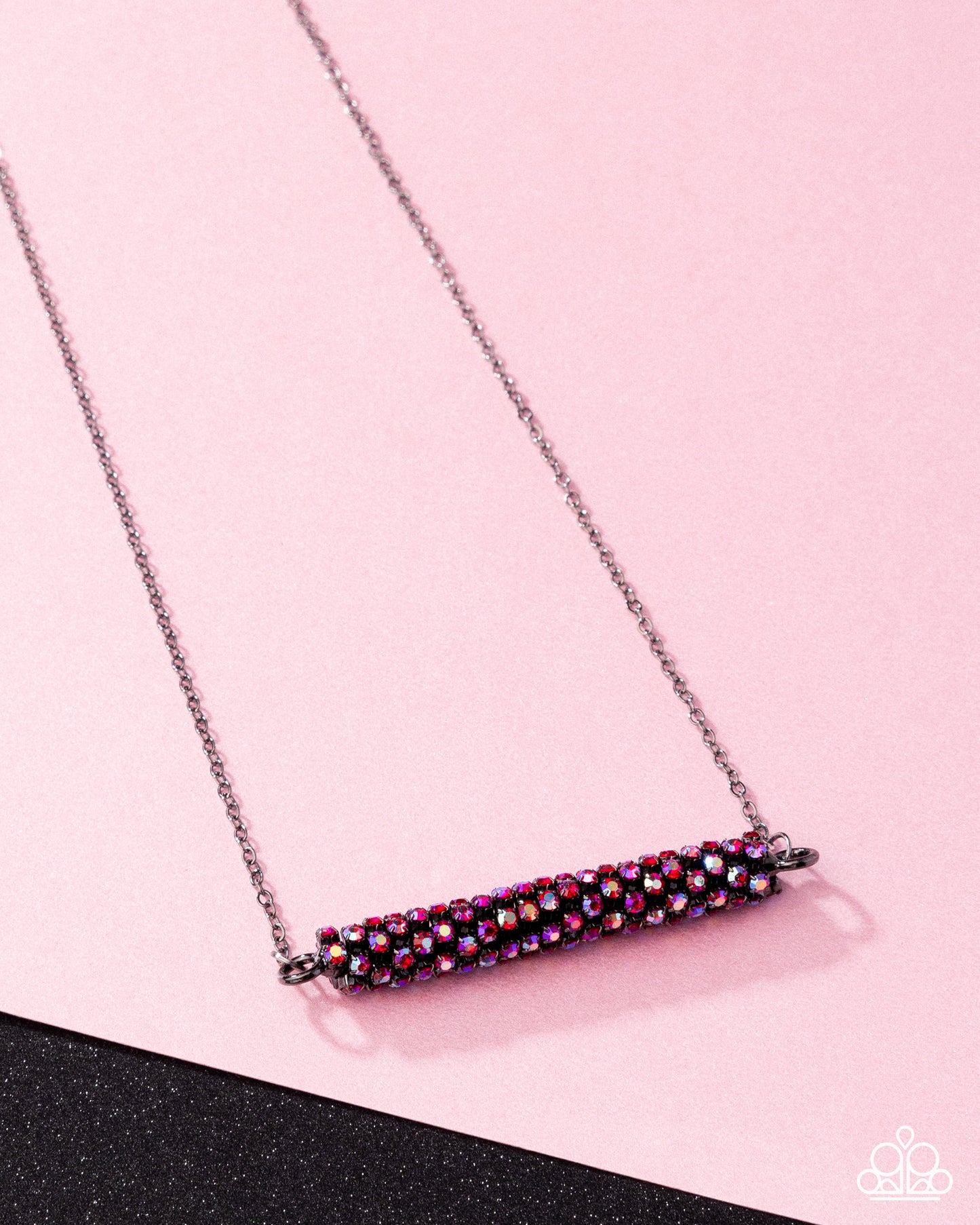 Timelessly Twinkling - Red - Light Red Iridescent Rhinestone & Gunmetal Necklace Life Of The Party Pink Diamond Exclusive Paparazzi N3276