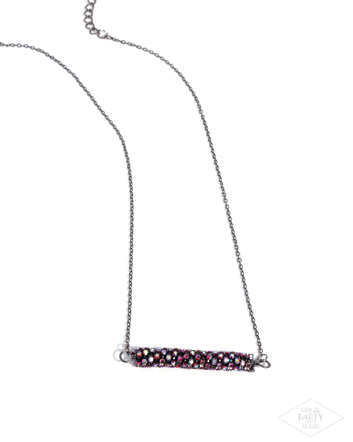 Timelessly Twinkling - Red - Light Red Iridescent Rhinestone & Gunmetal Necklace Life Of The Party Pink Diamond Exclusive Paparazzi N3276