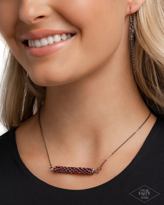 Timelessly Twinkling - Red - Light Red Iridescent Rhinestone & Gunmetal Necklace Life Of The Party Pink Diamond Exclusive Paparazzi N3276