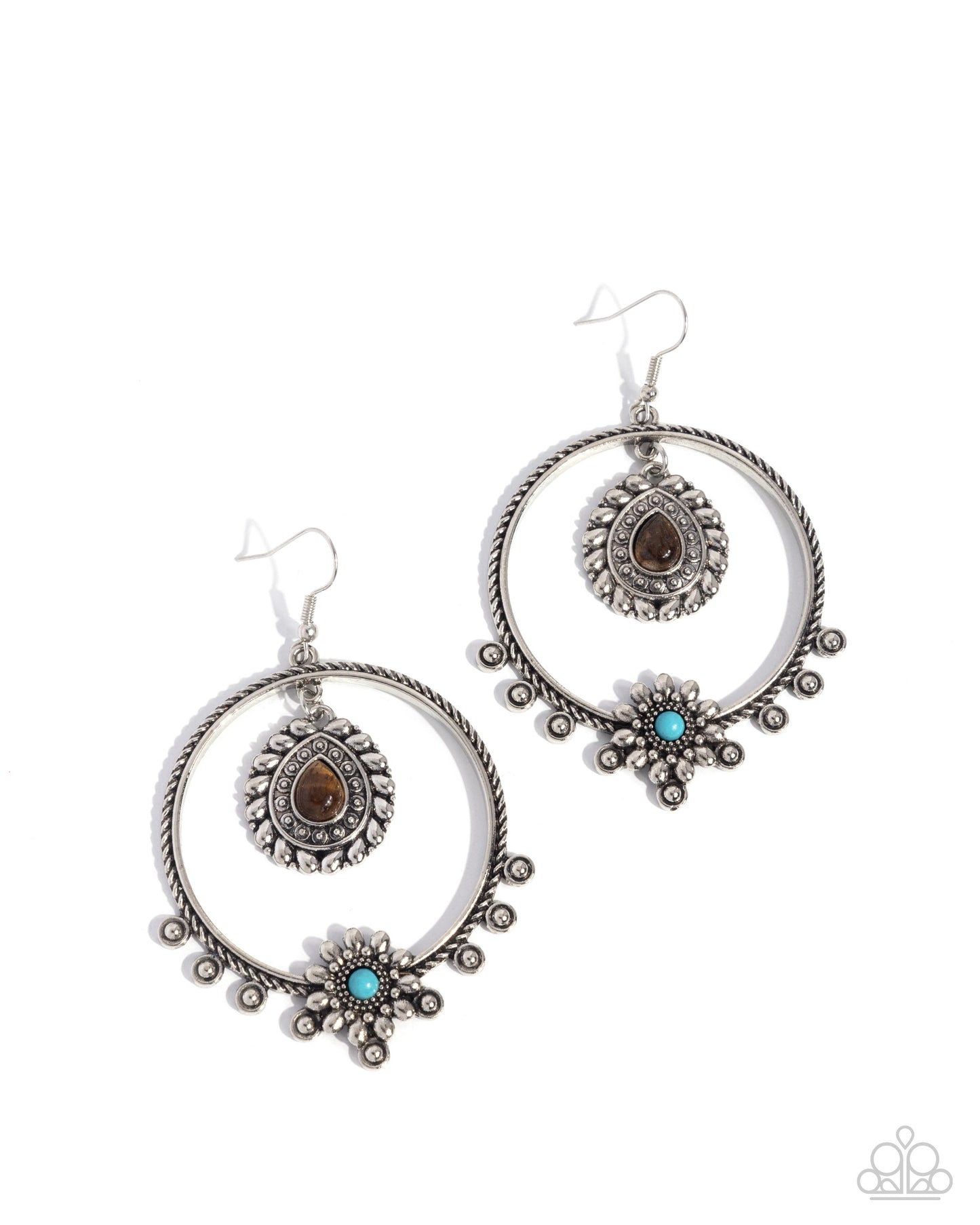 Neutral Nuance - Brown Tiger's Eye & Turquoise Stone Silver Santa Fe Style Earring Paparazzi E2939