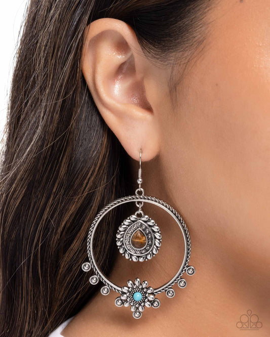 Neutral Nuance - Brown Tiger's Eye & Turquoise Stone Silver Santa Fe Style Earring Paparazzi E2939