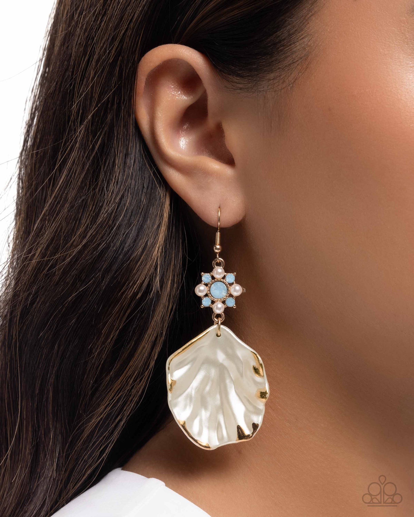 Coastal Candidate - Blue Air Opalescent Rhinestone Flower & Gold Lined Seashell Earring Paparazzi E2917