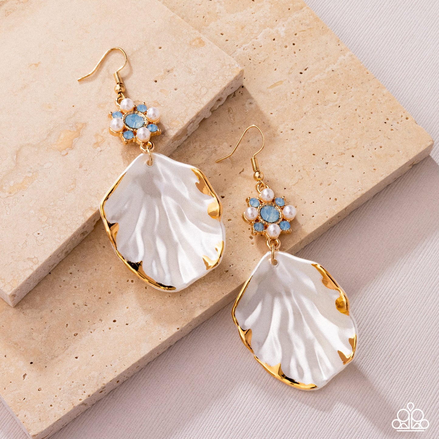 Coastal Candidate - Blue Air Opalescent Rhinestone Flower & Gold Lined Seashell Earring Paparazzi E2917