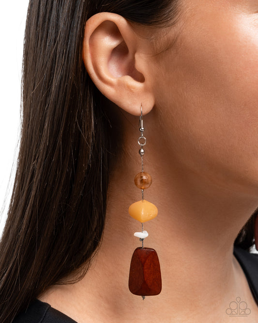 Creative Collection - Orange & Brown Wood Bead, White Stone Earring Paparazzi E2743