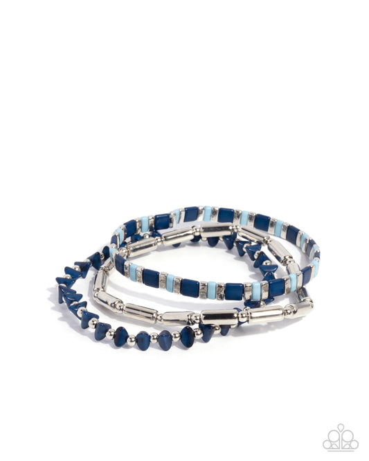 Serendipitous Stack - Blue Winter Sky, Navy & Silver Bead Set Of 3 Stretch Bracelet Paparazzi B2208