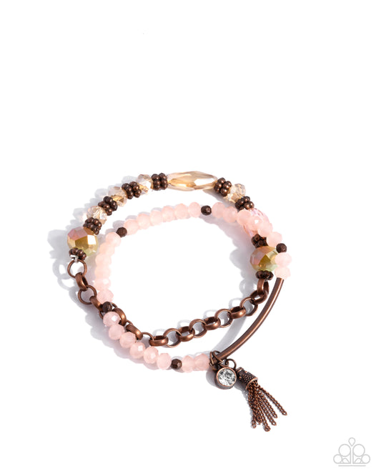 Can You Show Me? - Copper Links, Pink Bead & Light Peach Set Of 2 Stretch Bracelets Paparazzi B2201