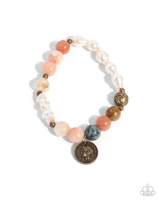 Chic Currency - Orange Natural Stone Bead & Antiqued Brass Stretch Bracelet Paparazzi B2070