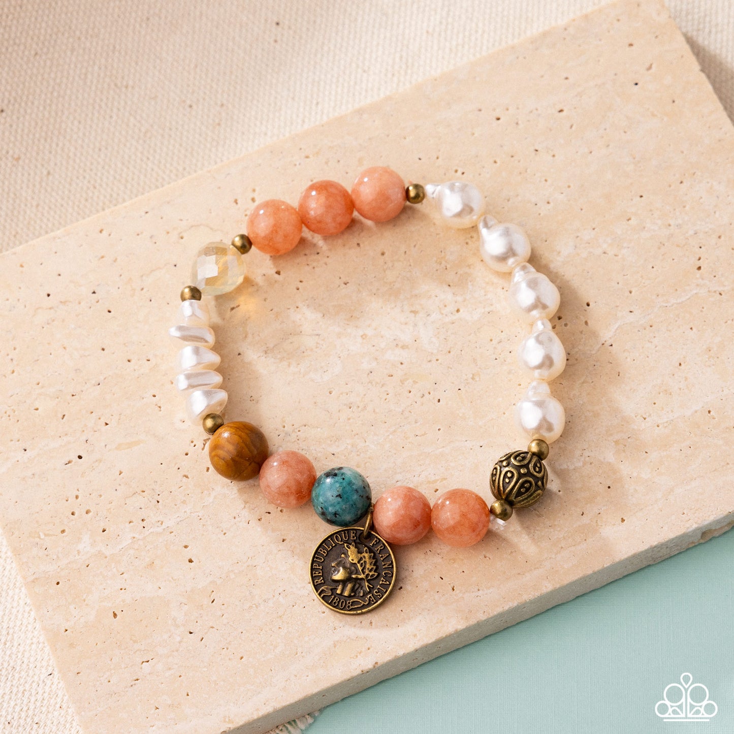 Chic Currency - Orange Natural Stone Bead & Antiqued Brass Stretch Bracelet Paparazzi B2070