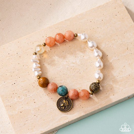 Chic Currency - Orange Natural Stone Bead & Antiqued Brass Stretch Bracelet Paparazzi B2070