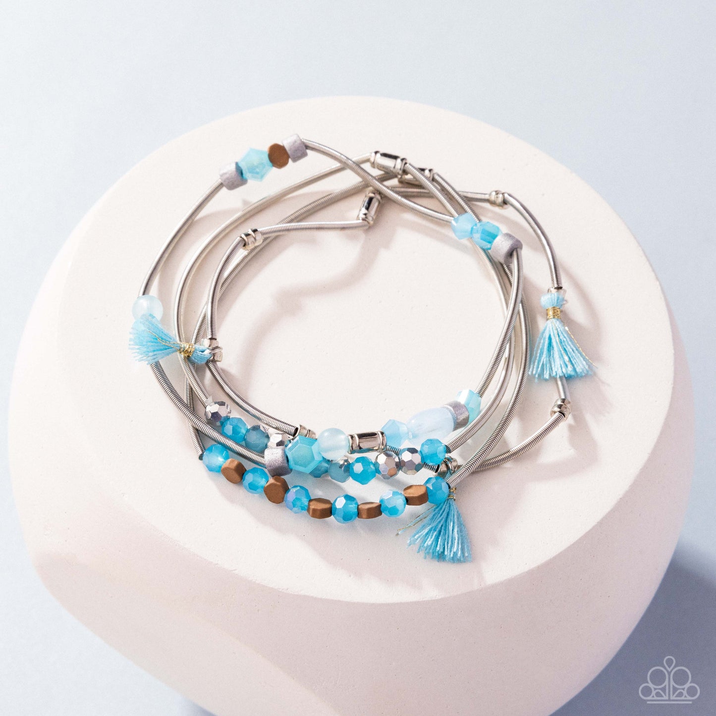 Coiled Color - Blue, Soft Chambray, Winter Sky Bead Stretch Set of 4 Bracelet Paparazzi B2183
