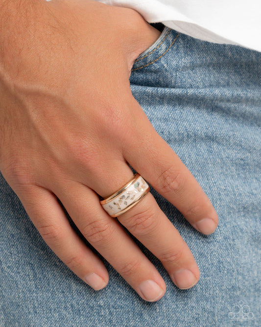 FLECK This Out - Gold Band White & Iridescent Shell Urban Ring Paparazzi R1024