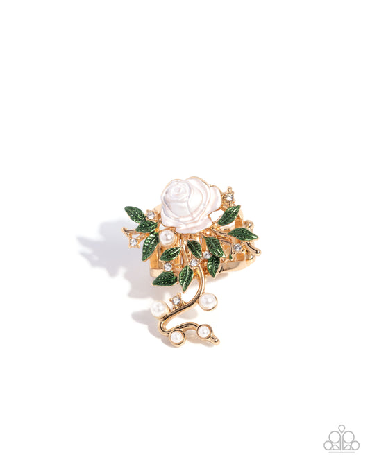Beauty and the SWEET - Gold Vine & White Flower Oversized Statement Ring Paparazzi R0934