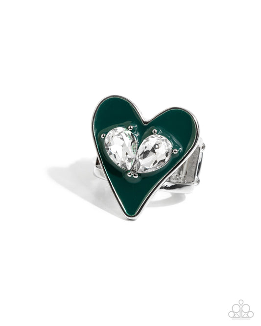 Paparazzi Smitten Showcase - Green Aventurine, Silver White Gem Heart Ring