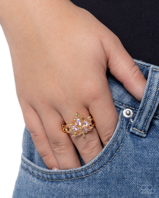 Im An Autumn - Orange Light Peach Rhinestone Leaf Design Gold Ring Paparazzi R1038