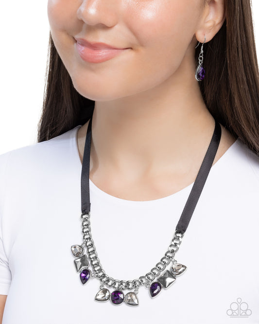 Sassy Salutation - Purple Aurum, Smoky, Silver Gem & Black Ribbon Necklace Paparazzi N3465