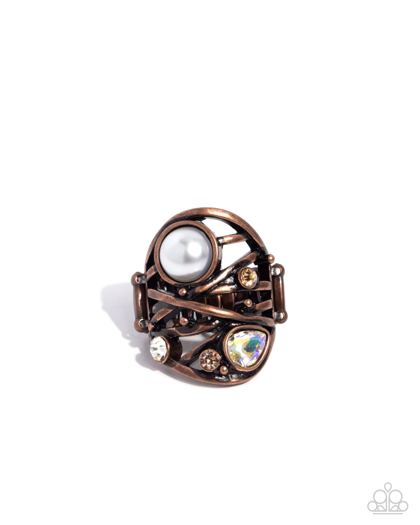 Specific Sovereign - Copper Smoked Topaz Rhinestone, Iridescent Gem, White Pearl Ring Paparazzi R1057