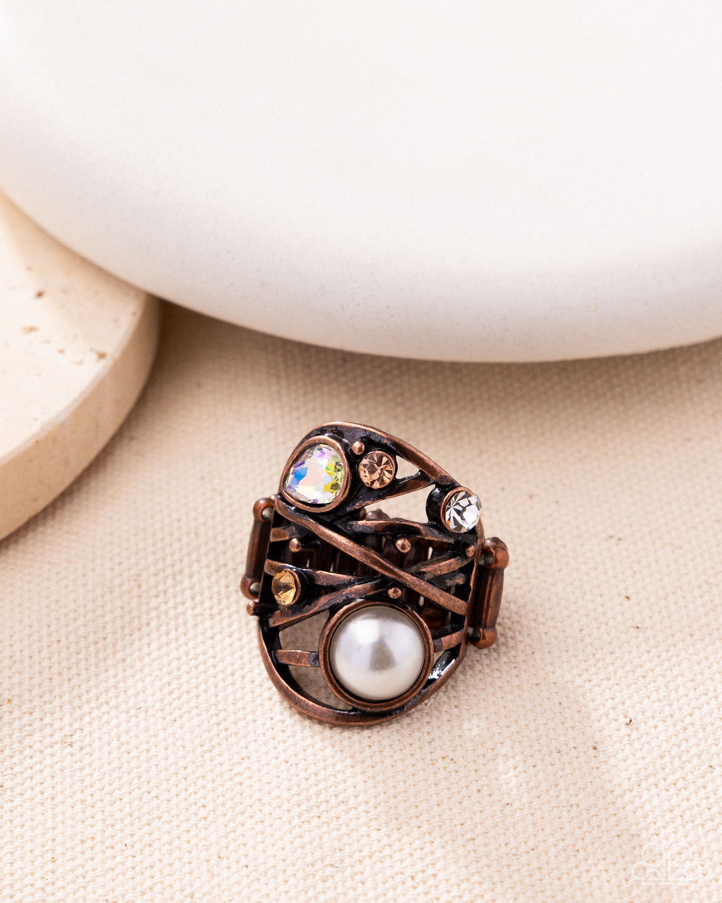 Specific Sovereign - Copper Smoked Topaz Rhinestone, Iridescent Gem, White Pearl Ring Paparazzi R1057