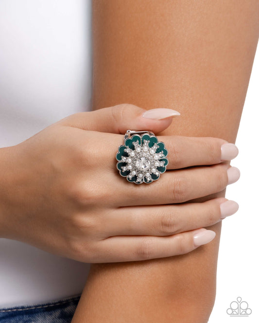 Gallery Glitz - Green Aventurine, White Pearl & Rhinestone Flower Ring Paparazzi R1171