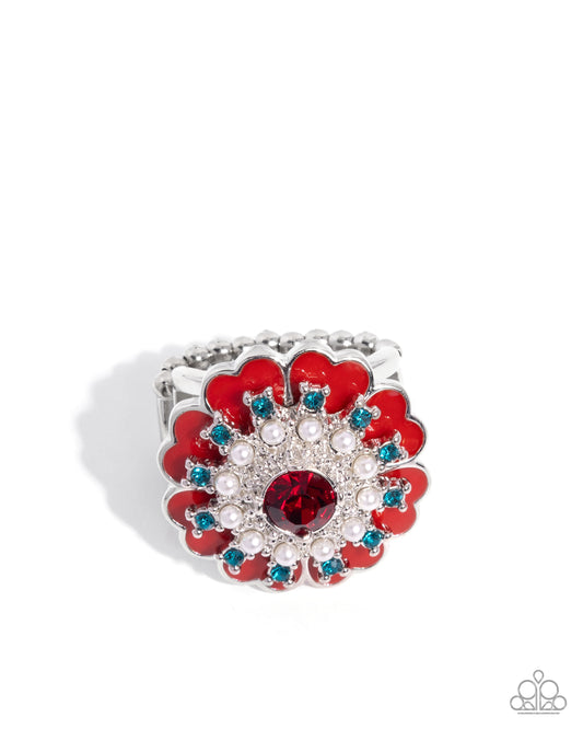 Gallery Glitz - Red Painted, White Pearl, Blue Rhinestone Flower Ring Paparazzi R1149