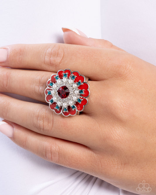 Gallery Glitz - Red Painted, White Pearl, Blue Rhinestone Flower Ring Paparazzi R1149